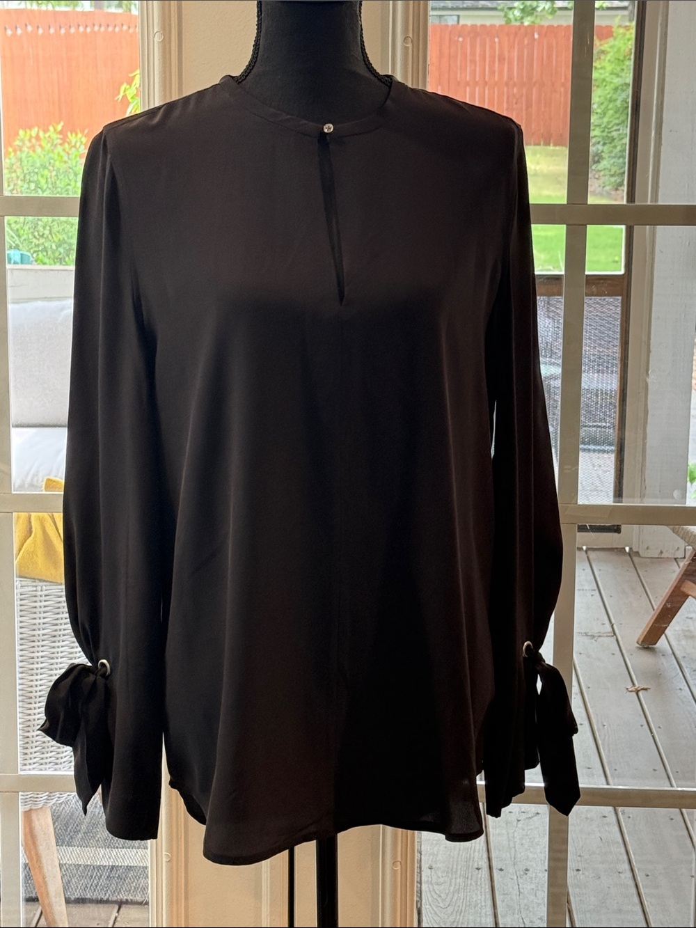 Equipment Black Long-Sleeve Silk Blouse with Tie Cuffs